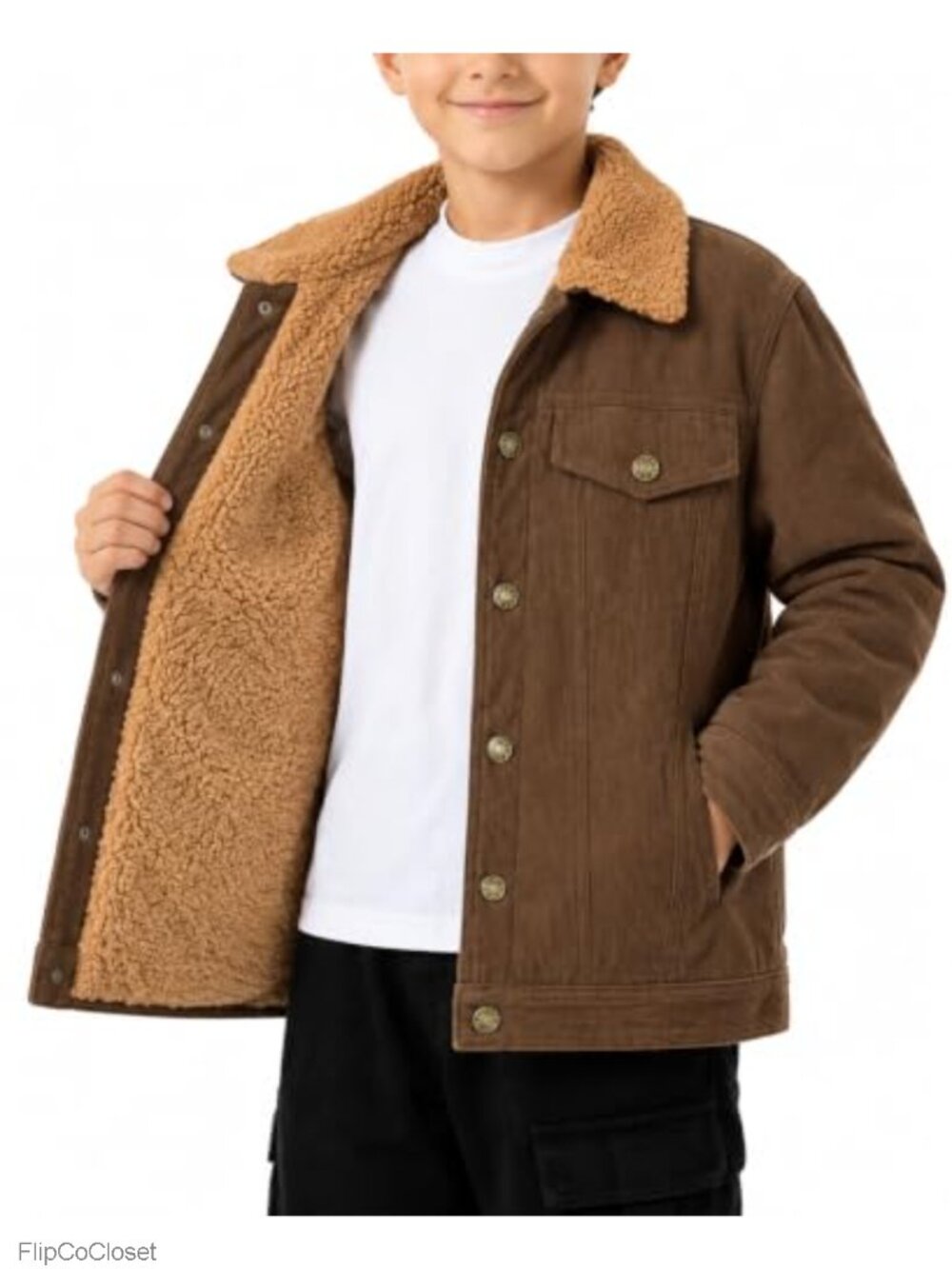 Boys Corduroy Fleece Lined Sherpa Trucker Jacket Winter Warm Coat